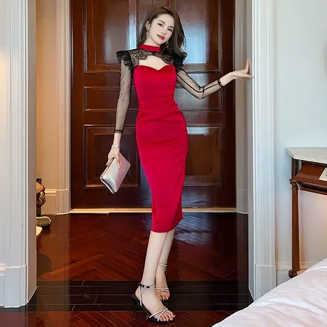 别致拼接半高领镂空抹胸连衣裙女小众显瘦设计感独特修身包臀裙子图片