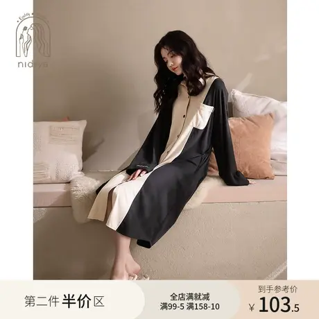 妮狄娅睡衣女春秋纯棉长袖翻领衬衫裙时尚拼接外穿家居服睡裙图片