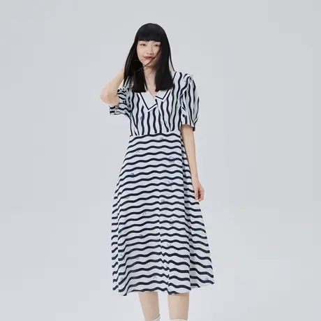 艾莱依韵律波纹连衣裙女夏季新款韩系休闲度假风不规则翻领显瘦裙图片