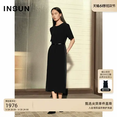 INSUN恩裳夏季三醋酸圆领休闲黑色连衣裙图片