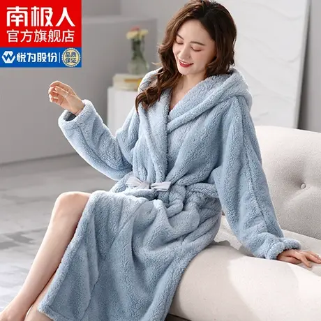 南极人睡袍冬款女法兰绒睡衣加绒加厚长款珊瑚绒保暖浴袍家居服KY图片