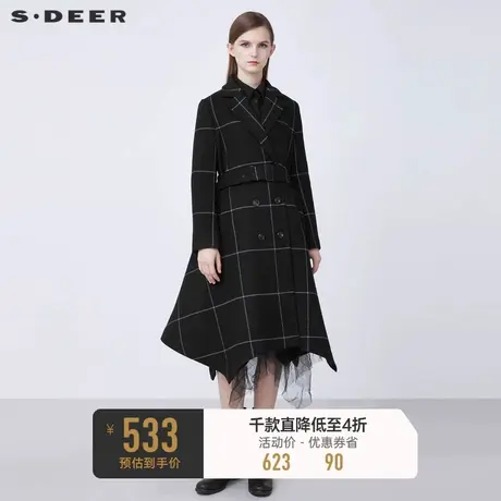 sdeer圣迪奥冬季西装领收腰格纹长款毛呢大衣女S21481821图片