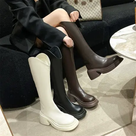 长筒靴女2023春秋季新款英伦风复古百搭瘦瘦靴粗跟厚底v口骑士靴商品大图