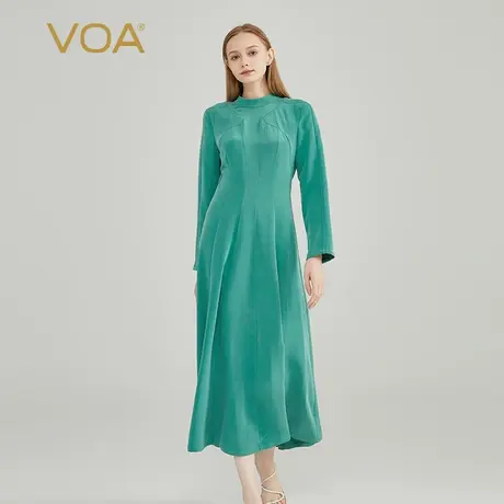 VOA重磅真丝40姆米云杉绿半高领连肩后置拉链做旧砂洗长袖连衣裙图片