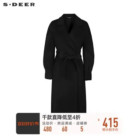sdeer圣迪奥冬装复古收腰黑色通勤长款毛呢大衣S21461815图片