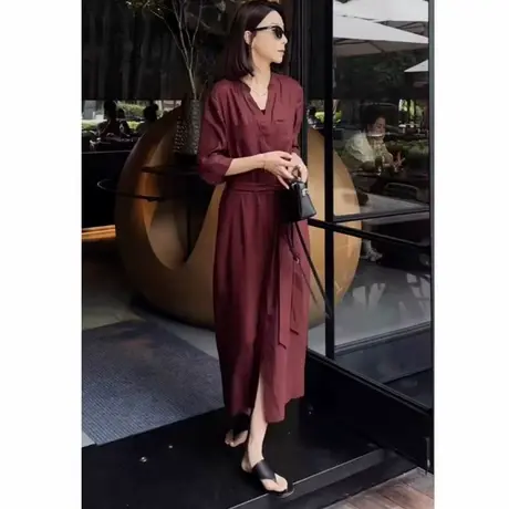 夏装新款V领开叉系带连衣裙女法式高级感显瘦裙子气质长裙图片