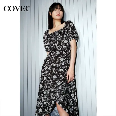 COVER夏季碎花开叉围裹方领连衣裙图片