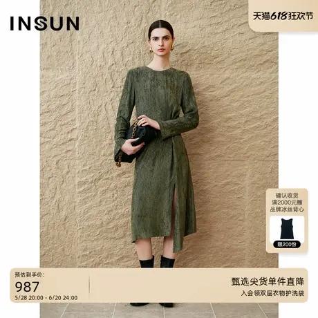 INSUN恩裳秋季复古立裁捏褶不规则连衣裙图片