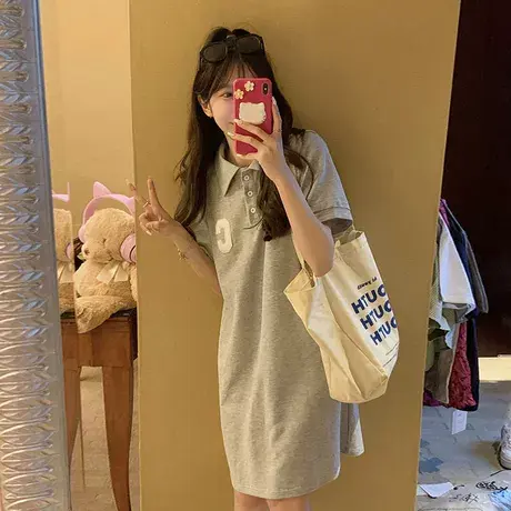 学院风POLO领连衣裙女夏季2023新款韩版显瘦短袖休闲中长款T恤裙图片