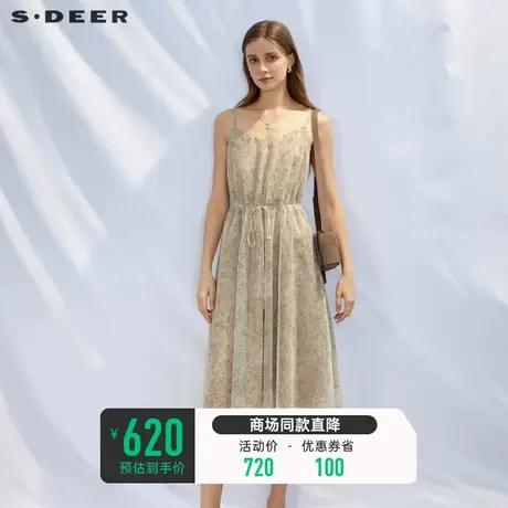 sdeer圣迪奥女装V领印花收腰网纱吊带连衣裙S23281226图片
