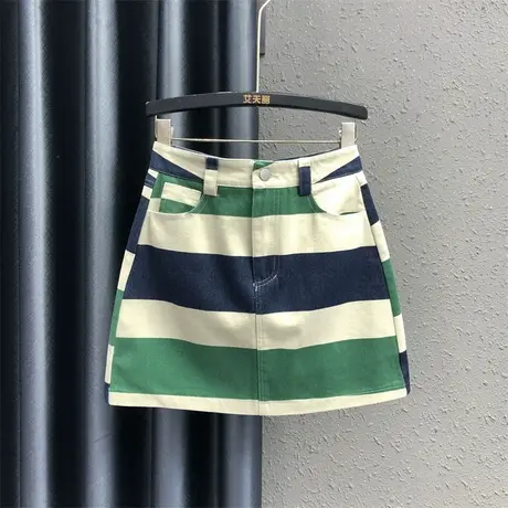 欧货撞色条纹休闲高腰牛仔半身裙女25春夏新款显瘦潮a字包臀短裙图片