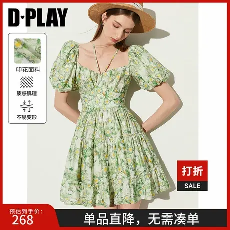 DPLAY夏季度假曼绿色连衣裙女方领蛋糕裙野餐裙海边沙滩裙图片