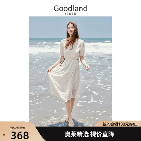 音儿美地女装2022夏季新款白色印花泡泡袖收腰雪纺连衣裙图片
