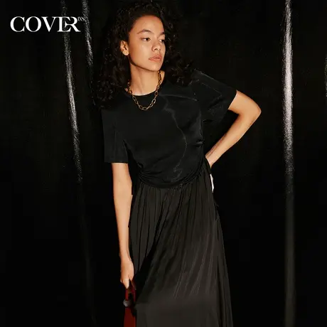 COVER秋季醋酸绑带收腰大裙摆裙子图片