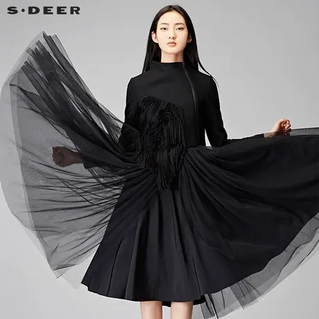sdeer圣迪奥女2018冬装酷帅纯色网纱拼接两件套连衣裙S15481892图片