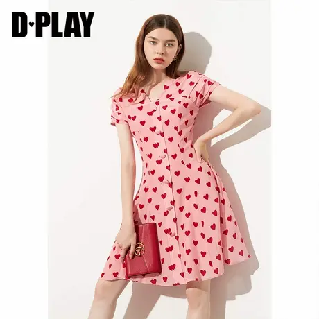 DPLAY德帕拉夏款时尚短袖收腰气质粉色少女爱心初恋连衣裙图片
