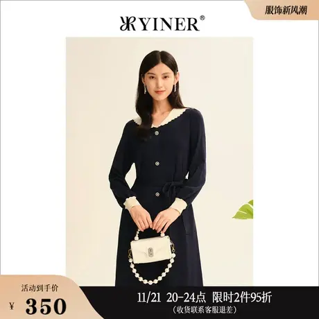 YINER音儿线上专选女装秋天丝纳米丝花瓣领针织连衣裙图片