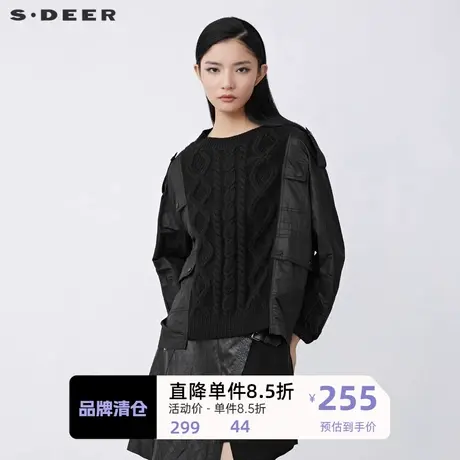 sdeer圣迪奥女装罗纹圆领钩花拼接宽松卫衣外套S21482221商品大图