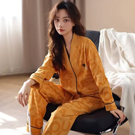 婷美春秋款睡衣女纯棉开衫长袖高颜值休闲春秋季家居服女两件套装图片