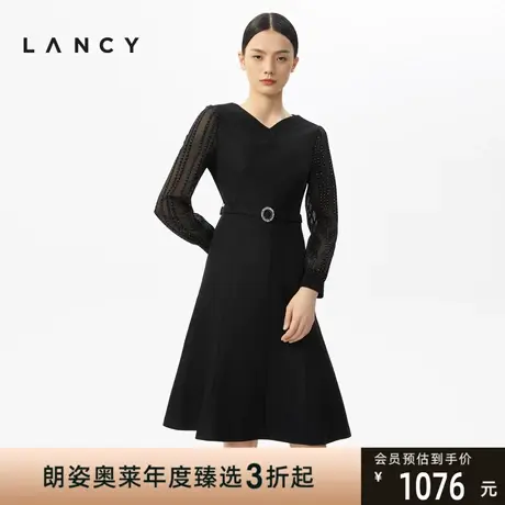 朗姿[罗纳河星夜]连衣裙冬季新款优雅气质蕾丝拼接v领收腰裙图片