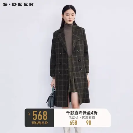 sdeer圣迪奥女装西装领双排扣格纹毛呢大衣S224Z2512图片