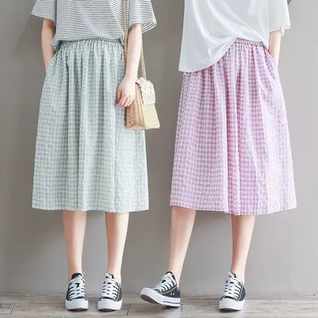 胖妹妹文艺复古法式棉质纹格半身裙 加大码格子半身裙200斤女图片