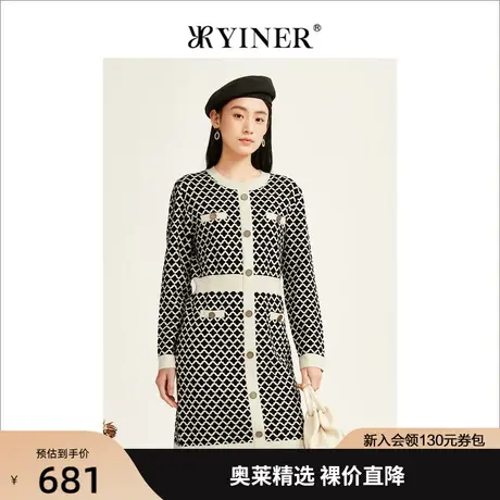 YINER音儿女装2022冬新款小香风格纹设计感针织连衣裙图片