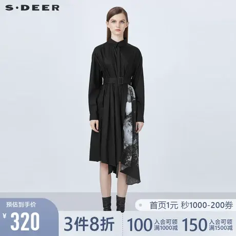 sdeer圣迪奥春装翻领收腰印花不规则衬衫连衣裙S21461215图片