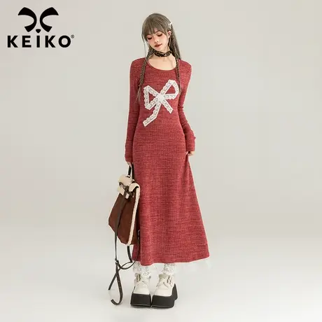 KEIKO 蕾丝花边红色针织连衣裙24春季千金风修身显瘦包臀鱼尾长裙图片