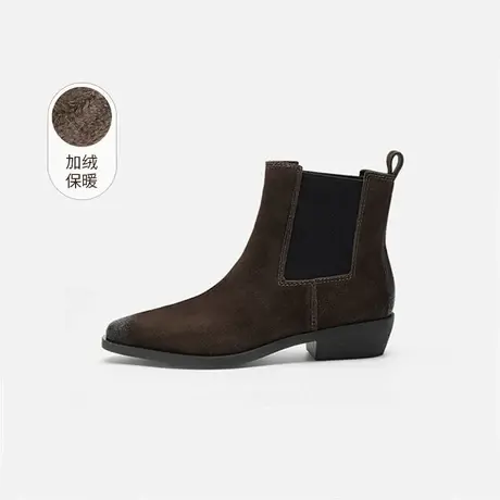 奥莱专供Nine West/玖熙加绒切尔西靴女小方头复古中跟短靴烟筒靴图片