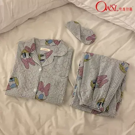 睡衣女春秋季长袖棉格子蓝色网红风可外穿家居服图片