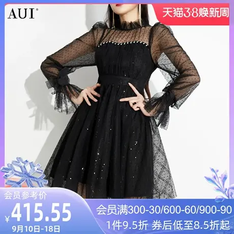 AUI黑色泡泡袖网纱连衣裙女2023春新款名媛气质修身小黑裙公主裙图片