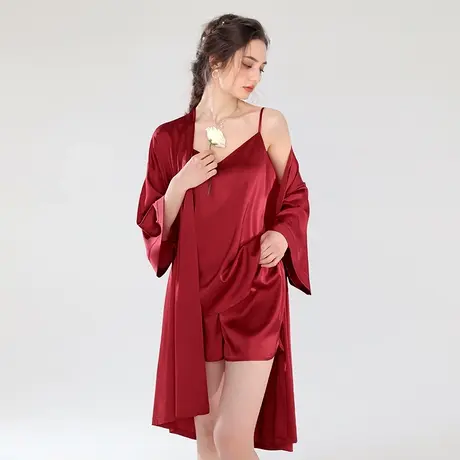 三件套睡衣女夏季冰丝吊带短裤睡袍薄款丝绸高级感家居服夏天套装商品大图