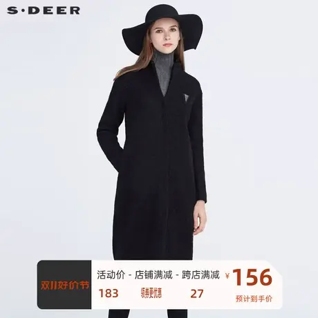 sdeer圣迪奥女装时尚立领字母贴布直筒黑色长款毛呢大衣S194A1801图片