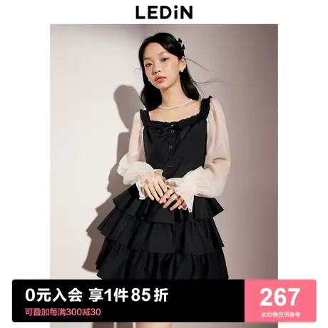 乐町气质U领浪漫连衣裙2023年秋季新款黑白拼接连衣裙三层蛋糕裙图片