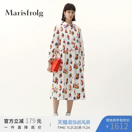 玛丝菲尔春季新款衬衫领长袖宽松裙子气质中长款印花连衣裙图片