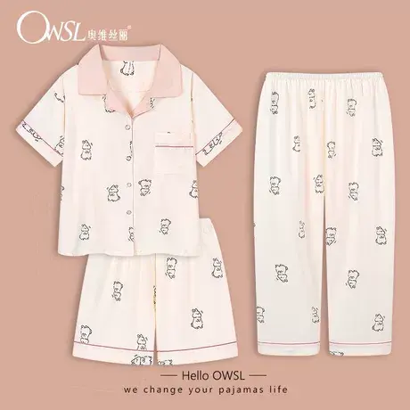棉睡衣女夏季短袖短裤棉卡通家居服薄款套装夏图片