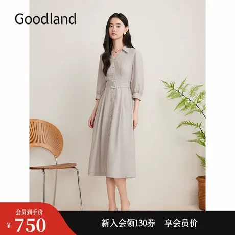 Goodland美地女装秋季卡其色七分袖收腰衬衫连衣裙图片