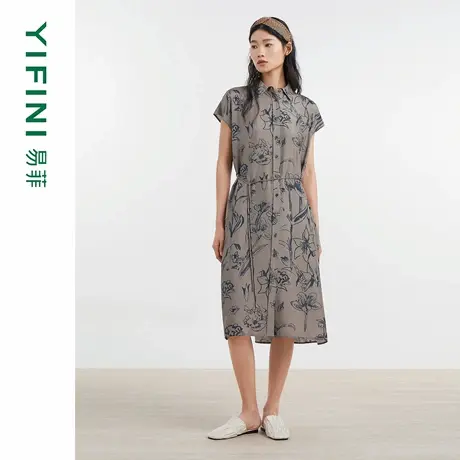 [专柜同款]Yifini/易菲100%真丝简约翻领衬衫裙女文艺印花连衣裙图片