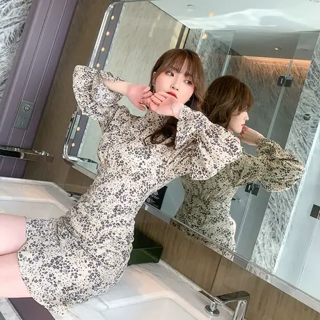 欧洲站茶歇法式设计感小众碎花裙子女小个子气质长袖雪纺连衣裙图片