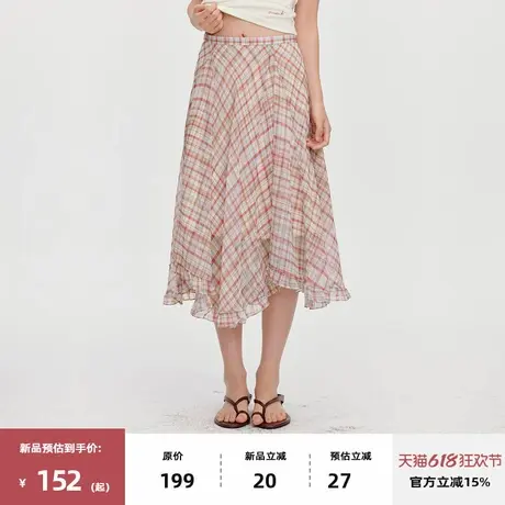 omont蛋挞家复古不规则下摆格纹半身裙2025夏微透网纱高腰中长裙图片
