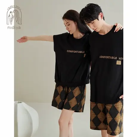 妮狄娅情侣睡衣女夏季纯棉短袖圆领套头男休闲外穿时尚家居服套装图片