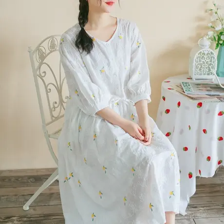 胖妹妹夏季2023新品全棉刺绣少女感长裙 加大码微胖五分袖连衣裙图片