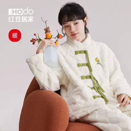 红豆珊瑚绒新中式睡衣女国风立领外穿国潮法兰绒家居服套装秋冬季图片