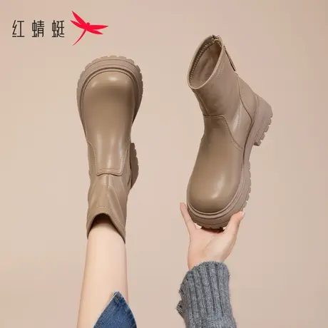 红蜻蜓英伦风短靴女2023新款秋季棕色厚底马丁靴女小个子超火靴子图片
