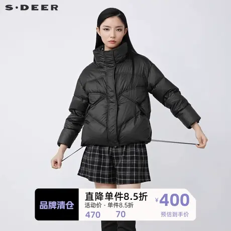 sdeer圣迪奥女装高领连帽格纹拼接假两件短款羽绒服S21482401图片