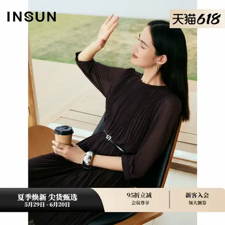 INSUN恩裳专选秋季风琴褶五分袖雪纺蓝色连衣裙图片
