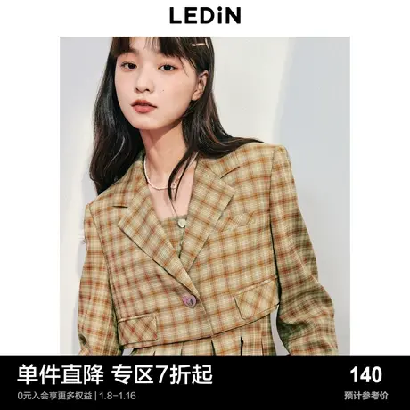 乐町格纹西装外套春夏女装短外套复古甜酷短款千金盐系穿搭图片
