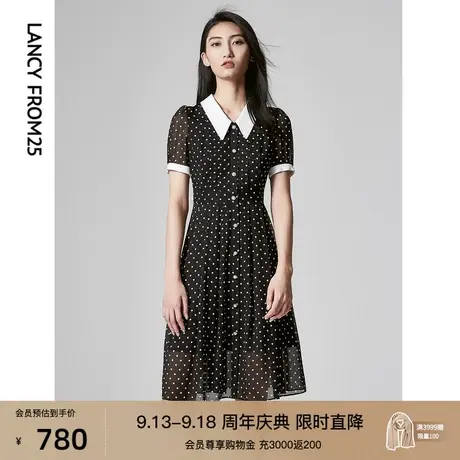 朗姿法式气质高级感显瘦高腰短袖波点黑色雪纺连衣裙子女夏新款图片