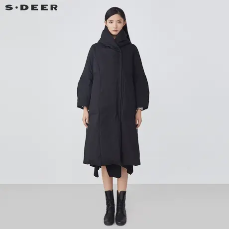 sdeer圣迪奥女装休闲高领连帽拼接长款黑色羽绒服S21482435图片